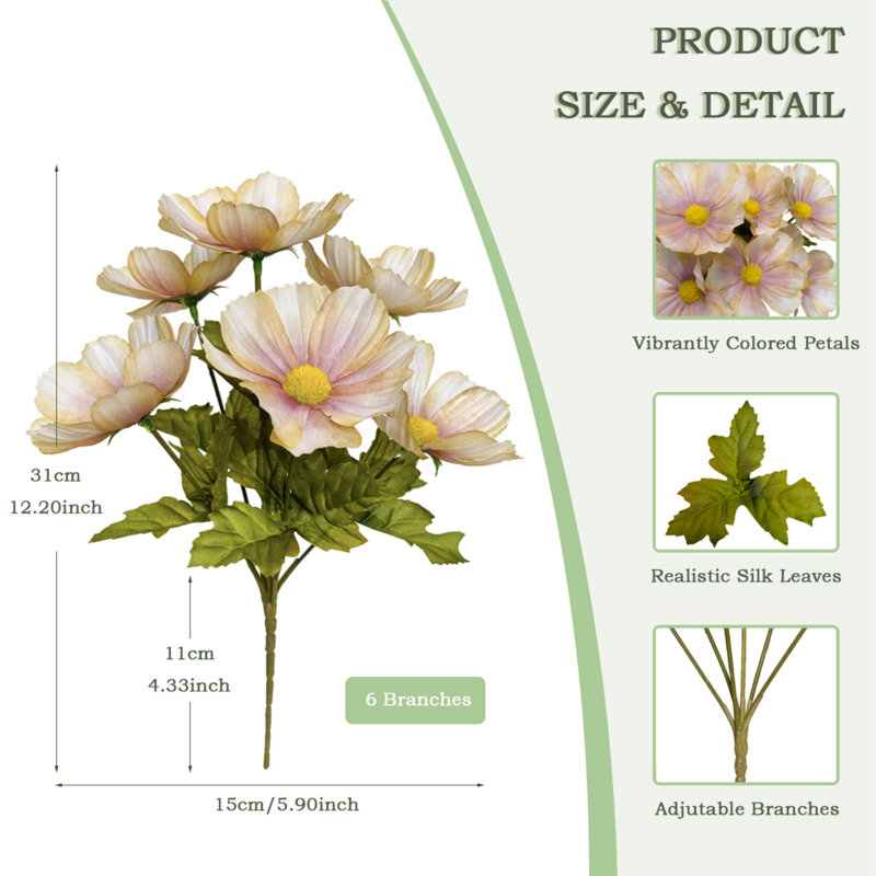 4 pièces de 6 branches de camomille, bouquet de fleurs artificielles à longue tige de 12,2 po, décoration de centre de table, convient pour les mariages, les familles, les fêtes, blanc