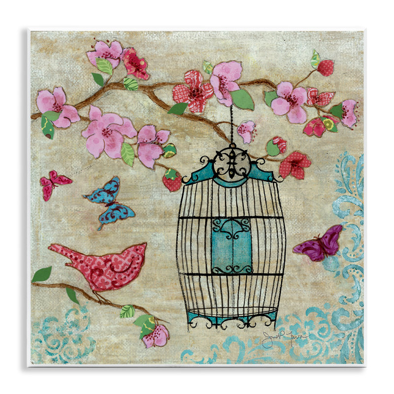 Plaque murale oiseau printanier rose, design par Janet Tava