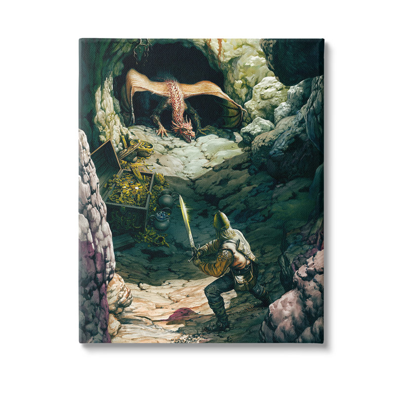 Dragon et chevalier, art mural sur toile par Ciruelo, H 40 po x l 30 po