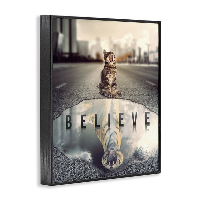«Believe Cat & Tiger», estampe numérique par Reinders, Cadre noir, H 20 po x l 16 po