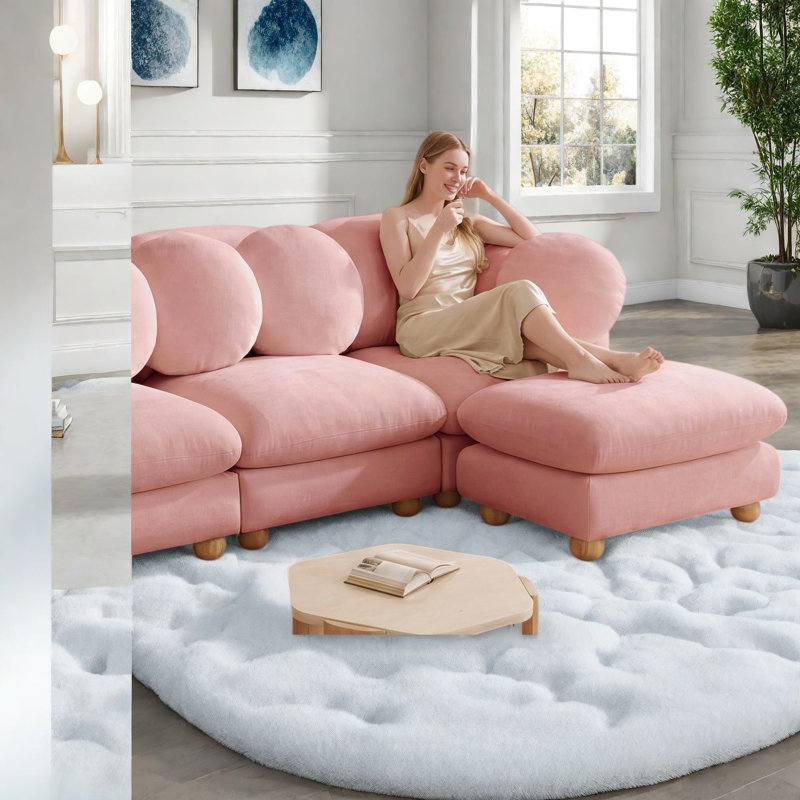 Canapés en chenille rose comprimée, 4 places, structure en bois massif, salon moderne, Pink