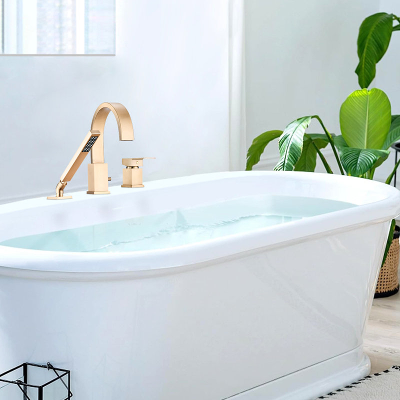 Deck Mount Waterfall Tub Faucet With Hand Shower. Smooth Operation Ceramic Cartridge, 3 Roman Filler, 2 Gpm Max Flow Rate, Brushed Gold, Stainless Steel Construction Gold Mounted . Steel, Cartridge