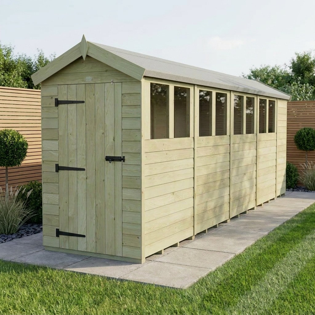 Total Sheds 4ft x 19ft Apex Garden Shed - Single Door - With Windows - Pressure Treated Timber - UK Manufactured