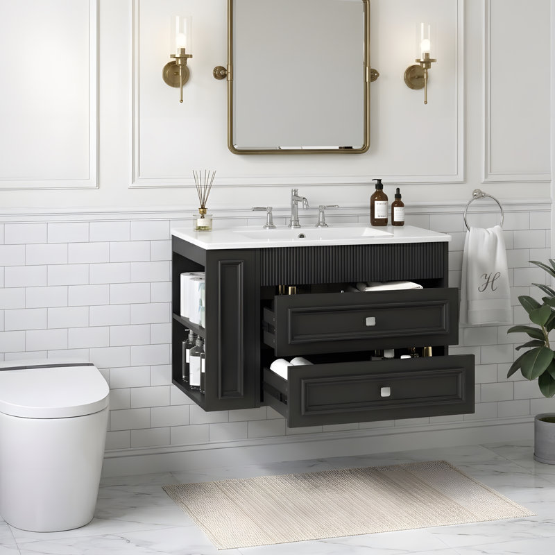 Meuble-lavabo mural 30 po, armoire de rangement flottante avec 2 tiroirs, lavabo simple en céramique à 3 trous, armoire moderne. Noir