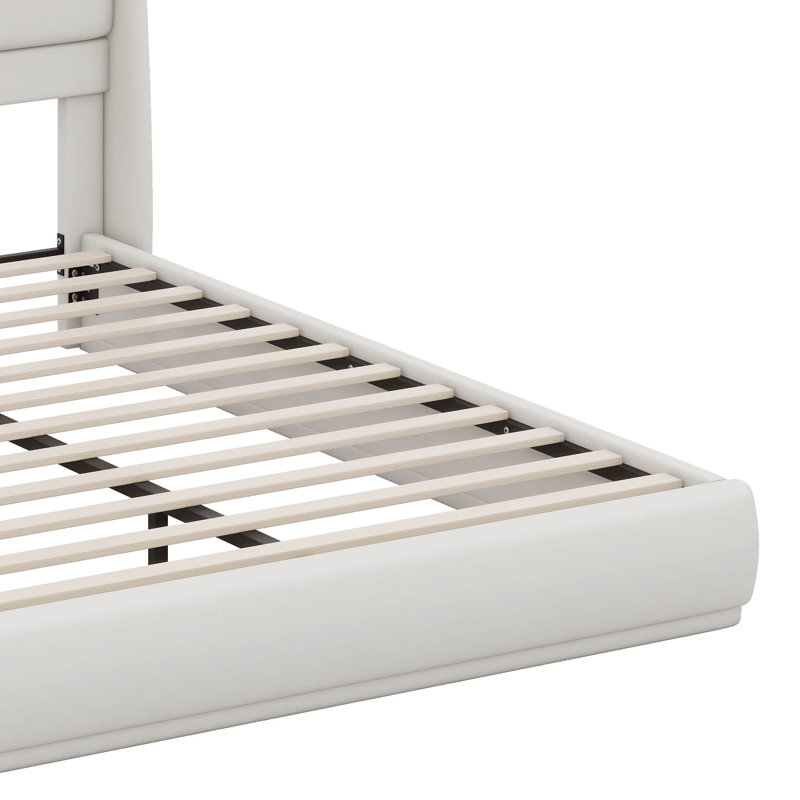 Grand lit plateforme tapissier avec tête de lit à oreilles, structure de lit à profil bas, Beige