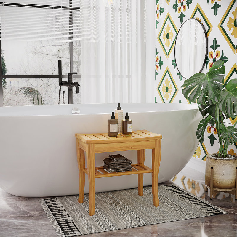 Long Bamboo Shower Bench Seat, 20" Wooden Spa Shower Stool with Underneath Storage Shelf Shoe