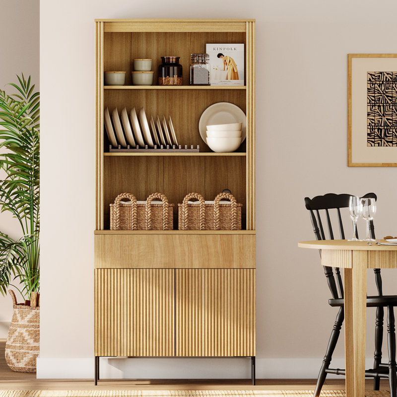Garde-manger cannelé de 71,6 po de hauteur avec tiroir, armoire de présentation en bois avec portes et tablettes réglables, armoire moderne et polyvalente pour la salle à manger, la chambre à coucher