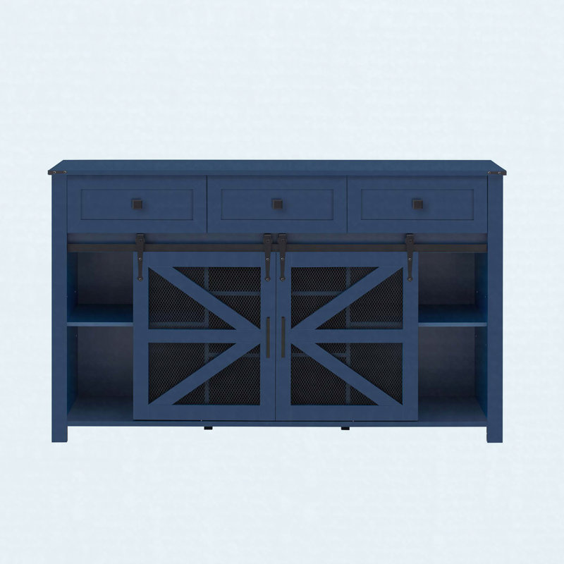 55" Farmhouse Sliding Barn Door Sideboard Buffet Cabinet, Storage Cabinet with Adjustable Shelves, Navy Blue