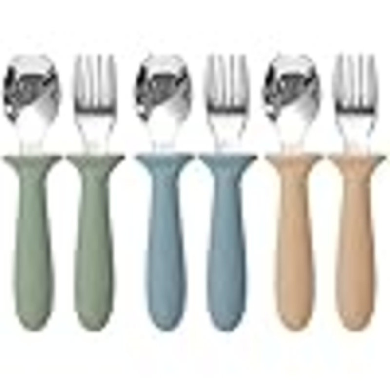 Ensemble d'ustensiles pour tout-petits, ensemble de 6 couverts pour enfants avec poignée en silicone, fourchettes et cuillères en acier inoxydable 18/8, va au lave-vaisselle