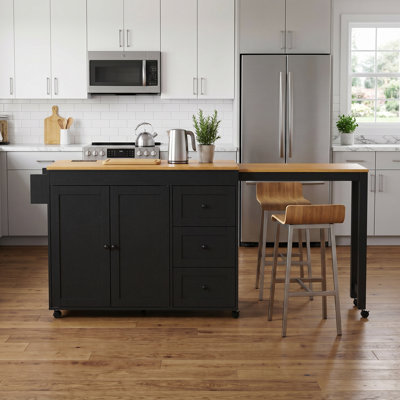 Kitchen Island Fits for Home with Extendable Dining Table, Built-in Charging Station, Adjustable Shelves & Spice Rack