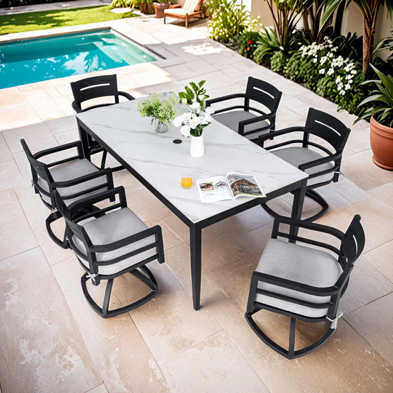 Modern 7pc Outdoor Patio Dining Set, 35.5"x71" Rectangular Aluminum Table, Greek Marble-inspired Sintered Stone, Ember Black Finish, 6 Swivel Rocker Chairs With Sunbrella Cushions