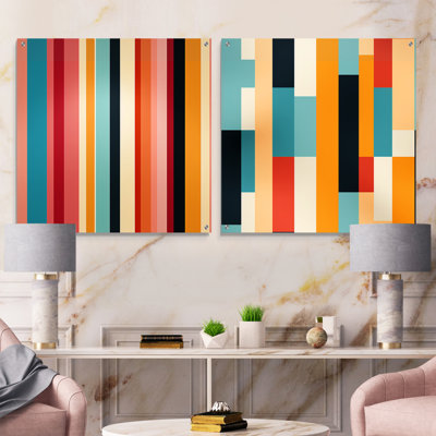 Pastel Colours Midcentury Stripes Pattern - Abstract Midcentury Acrylic Wall Art Glass Set Of 2
