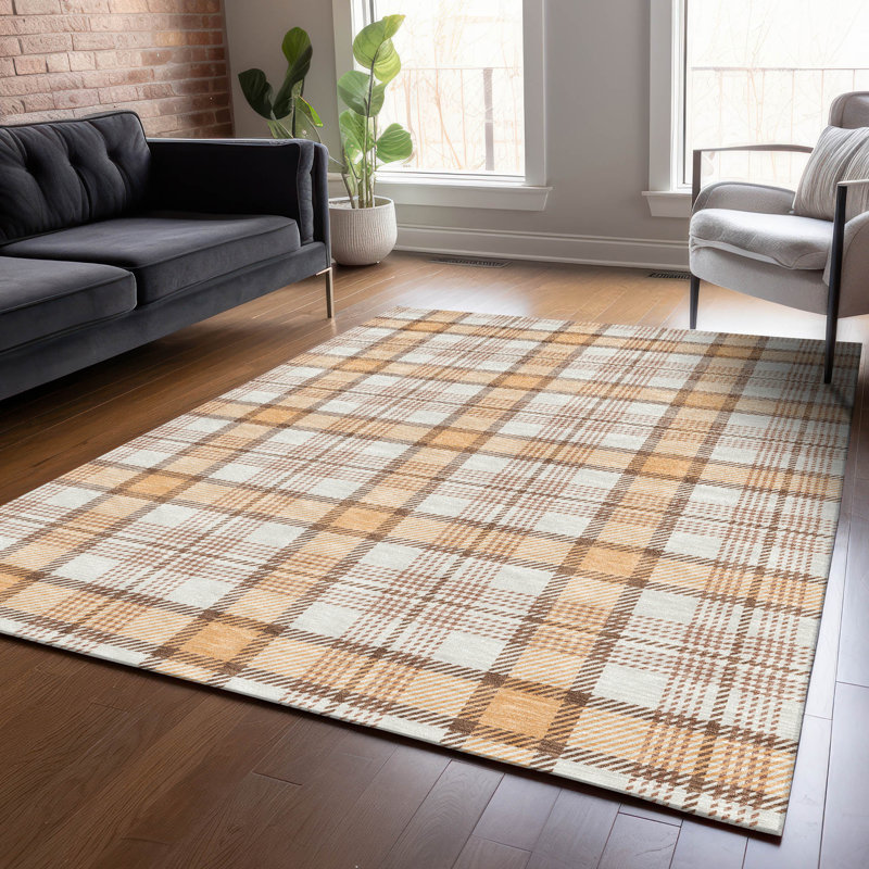 Peach and Beige Plaid Washable Synthetic Rug, 3' x 5'