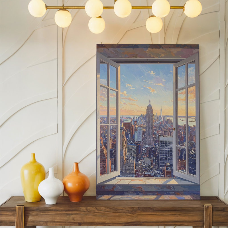 Vue panoramique de la ville de New York vue de la fenêtre encadrée blanche, art mural prêt à être accroché à la galerie, décoration moderne