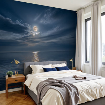 Papier peint adhésif pleine lune lune pleine lune, nuages, surface de l'océan réfléchissante, ondulations murales d'eau, H 69 po x l 96 po, papier peint amovible en PVC, adhésif mural pour chambre à coucher, bureau à domicile