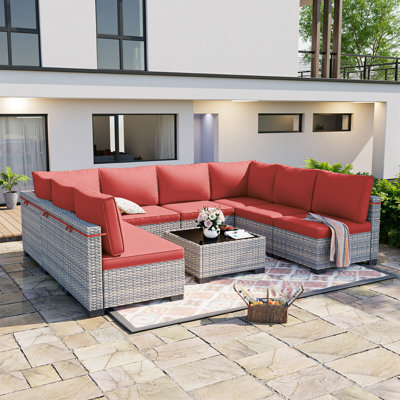 Ensemble de mobilier de patio 9 pièces, mobilier d'extérieur avec coussins épais, canapé modulaire, rotin en osier double brin, structure résistante à la rouille, mobilier de jardin pour la terrasse, terrasse, ivoire