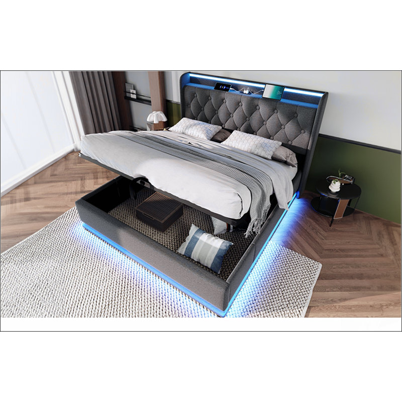 Lit rembourré avec 360 DEL ambiantes, boutons / applications / télécommande et rangement hydraulique pour un confort et une organisation modernes