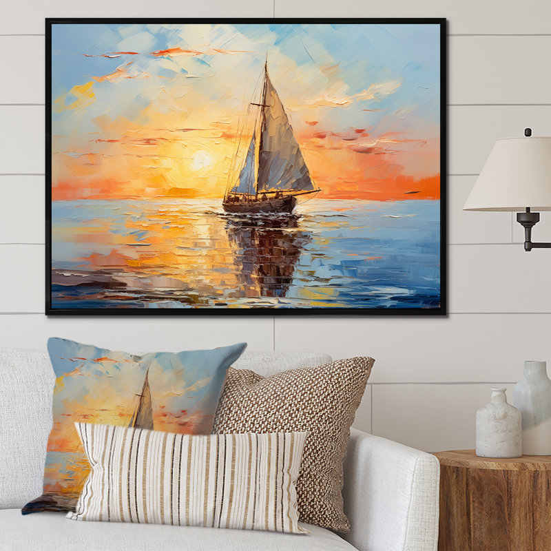 Coucher de soleil orange sur un bateau I - bateau à voile, art mural, Cadre flottant blanc, H 24 po x l 32 po x P 1 po