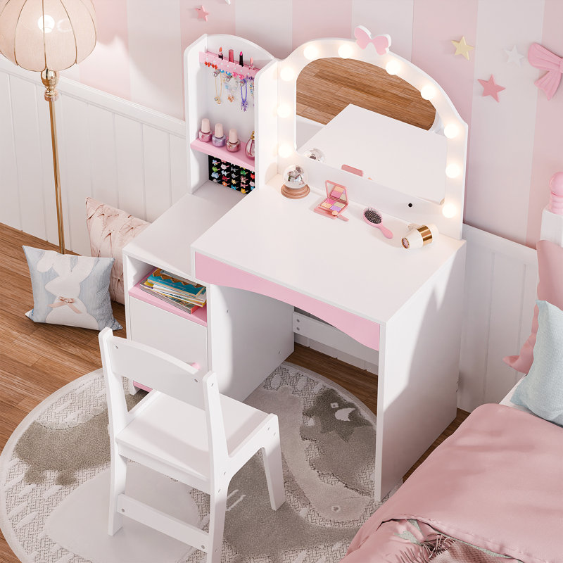 Coiffeuse pour enfants, ensemble de coiffeuse avec miroir et fauteuil, Blanc