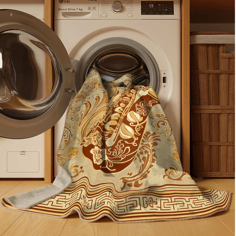 Tapis oriental brun et beige à motif de saxophone Oweda lavable à la machine, 8x12