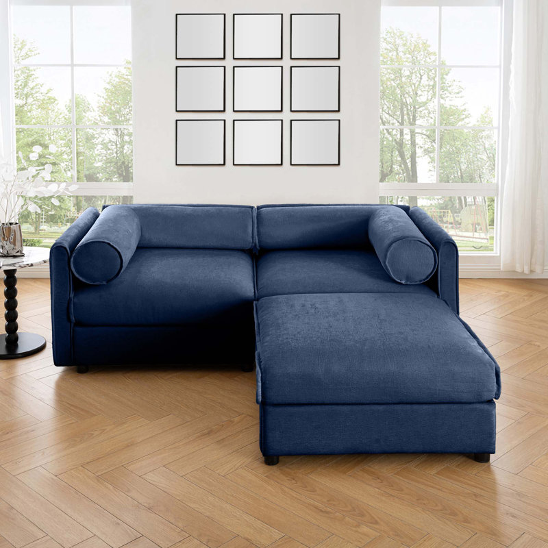 Upholstered Loveseat Sofa With Ottoman, 27.9" H x 75.5" W x 37.4"D, Blue Chenille