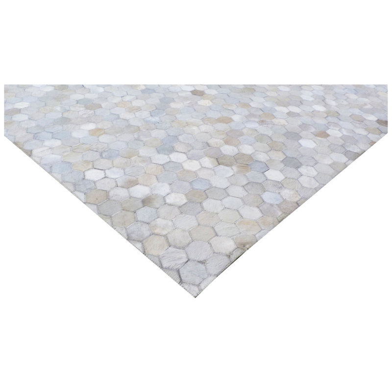 Mosaic Leather Cowhide Geometric Area Rug in Ivory, Rectangle 8' x 11'