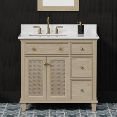 Meuble-lavabo simple 36 po avec plateau en quartz de Carrare blanc Ronnie, pré-assemblé