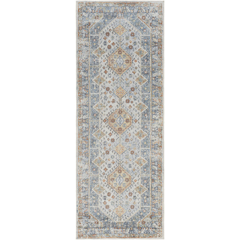 Tapis oriental bleu / ivoire Washburn, Tapis de couloir 2 pi 7 po x 7 pi 3 po