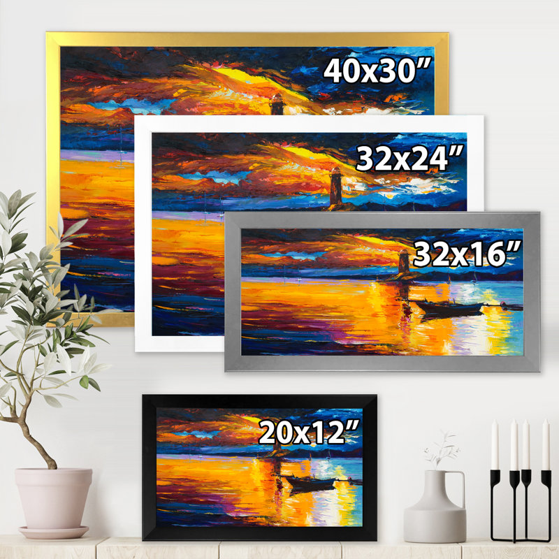 Petit bateau par le phare au coucher du soleil - Peinture sur toile, H 12 po x l 20 po x P 1 po, Cadre doré