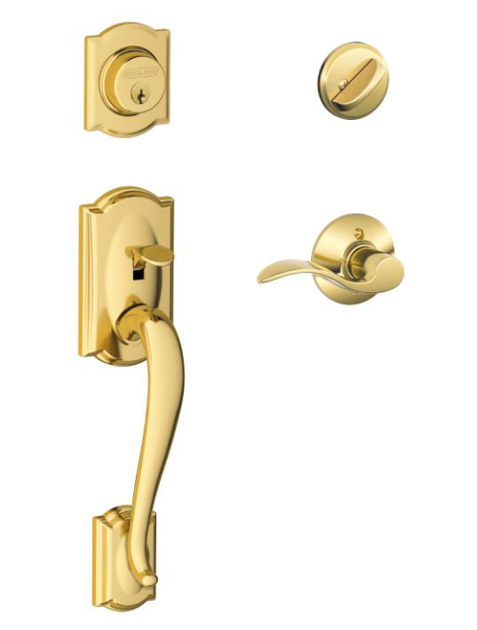 Ensemble de poignées Camelot avec pêne dormant, levier de porte et rosette, Laiton brillant