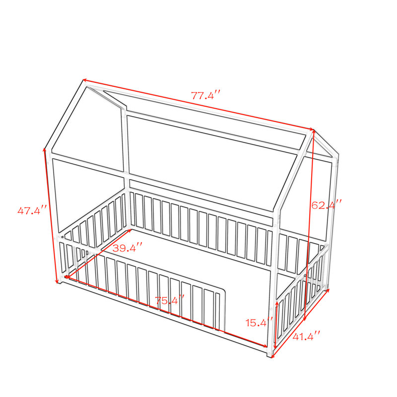 Metal Floor Bed Frame With Fence, Twin, Black