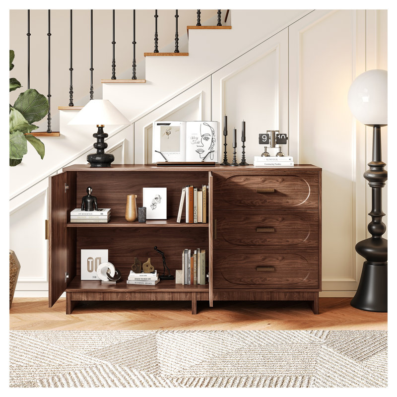 Buffet 47,2 "à finition noyer avec 2 portes et 3 tiroirs, armoire de rangement en bois aggloméré