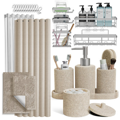 Clara Clark 26-Piece Bathroom Accessory Set with Shower Curtain, Rugs & Adhesive Shower Caddy Organizer