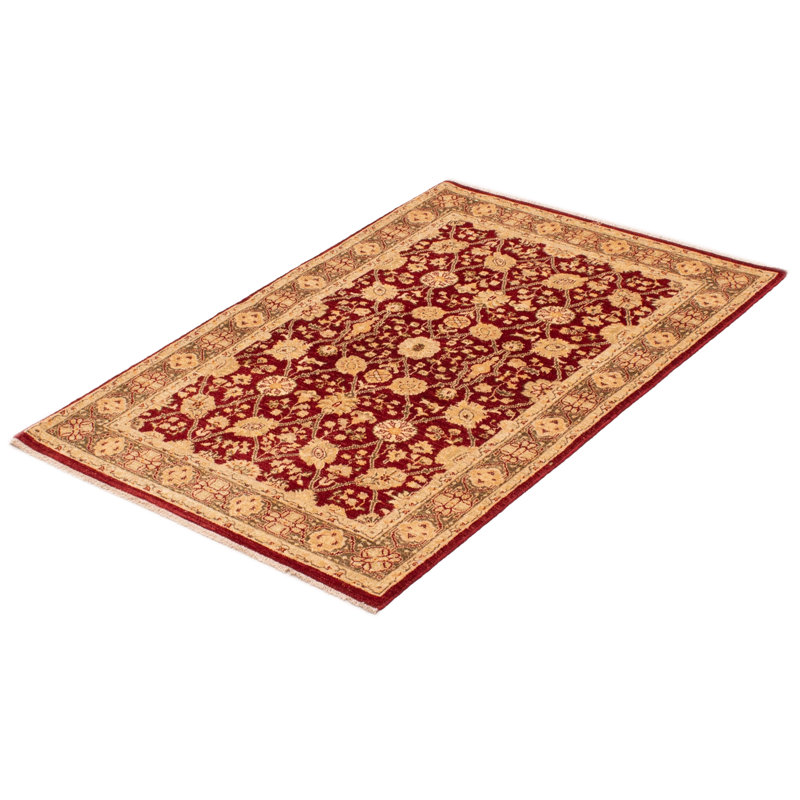 Tapis rouge / beige en laine noué à la main de conception unique 3 pi 11 po x 5 pi 9 po New Age Arizmendi