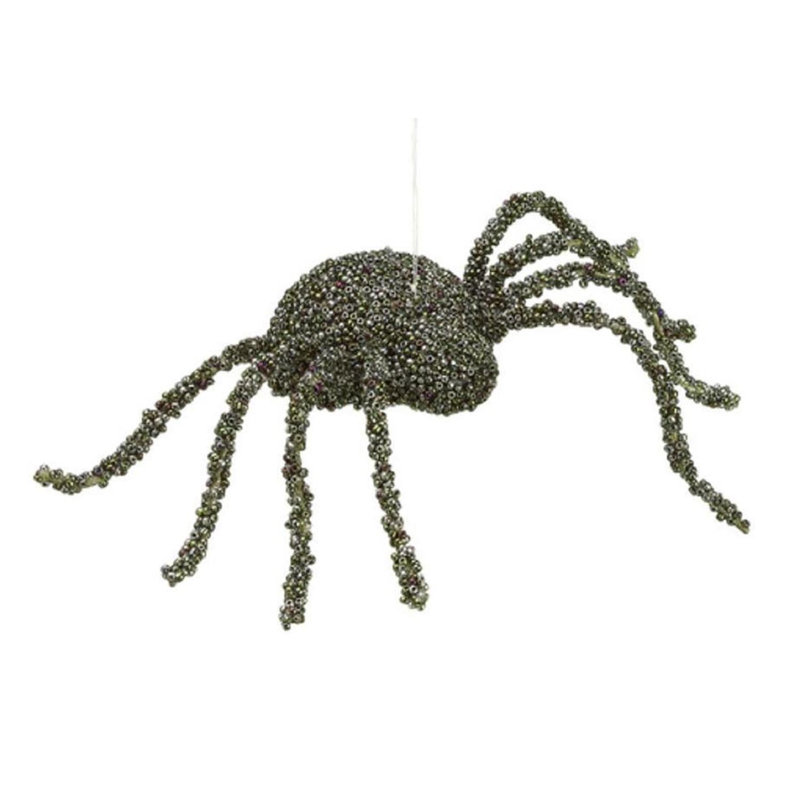 Ornement en forme d'araignée effrayante de 8 po vert et mauve perlé