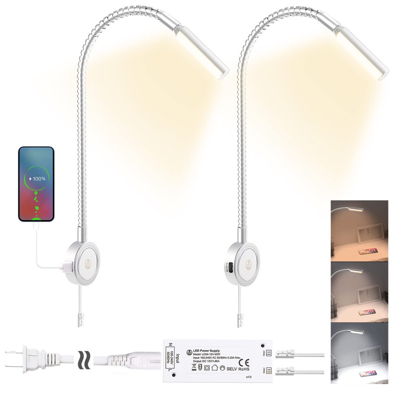 Flexible Gooseneck Bedside Reading Light Brightness Adjustable With Usb/Type-C Charging Ports, Etl-Listed Led Driver, Silver