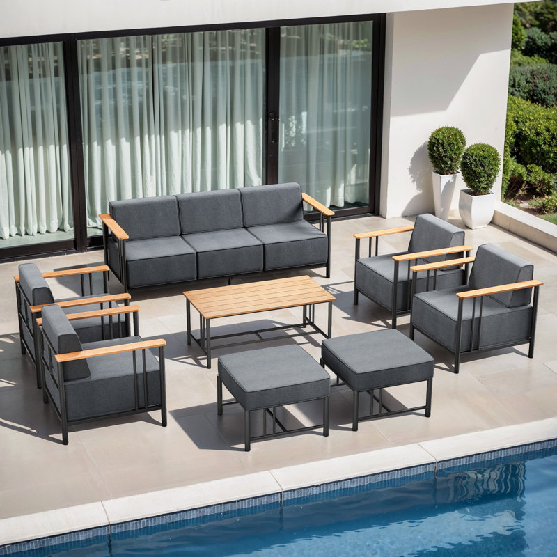 Coan 7-9 Person Outdoor Patio Modern Metal Family Conversation Set With 4 Armchairs, Black Cushion/Black Frame