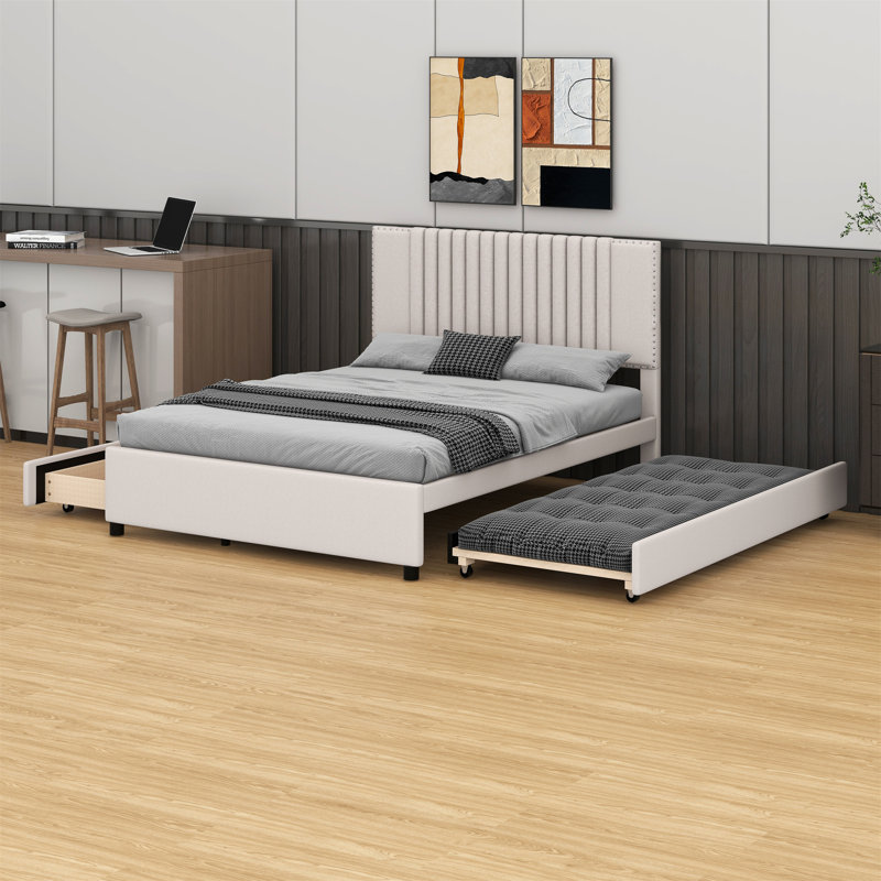 Lit plateforme tapissier avec 2 tiroirs et lit gigogne, tête de lit classique, Beige, Double