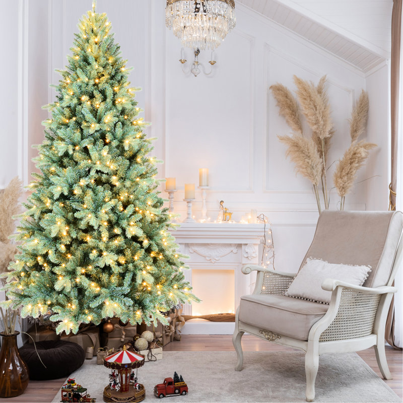 Arbre de Noël 6 pi à teinte bleue avec 350 lumières DEL blanc chaud, 1390 pointes, branches articulées, support en métal robuste pour la saison des fêtes