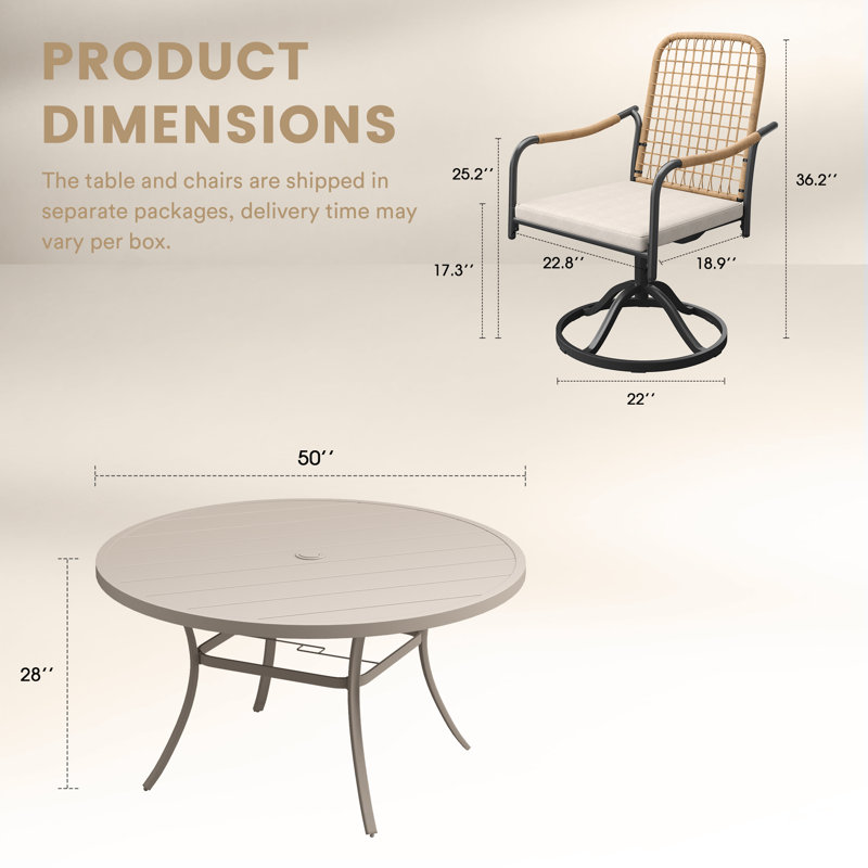 7-Pieces Patio Round Outdoor Dining Set With Swivel Rattan Armchair, Cream