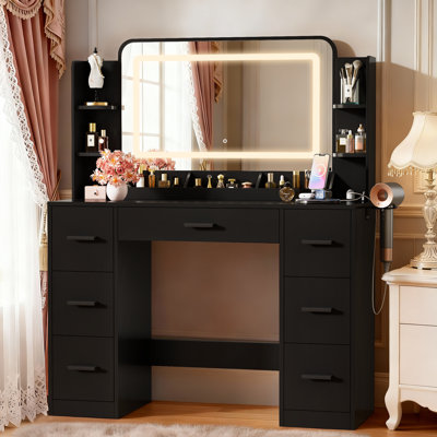 Bureau de coiffeuse à miroir réglable à DEL avec charge rapide de 20 W, grand espace de rangement pour la chambre à coucher et le vestiaire