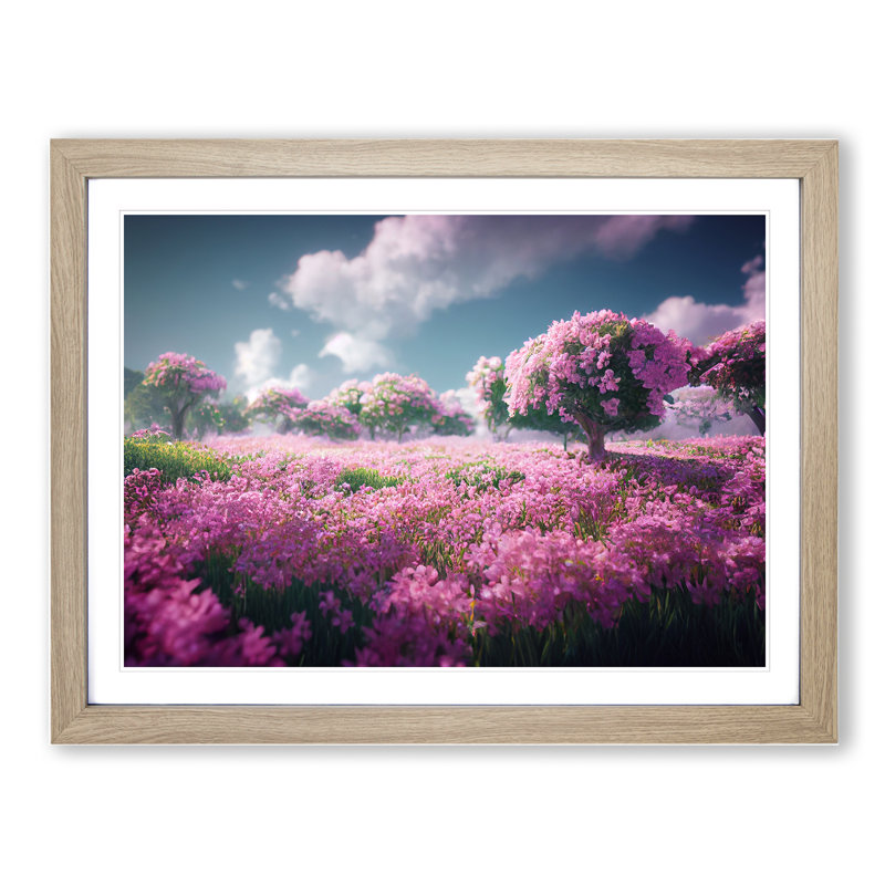 Cherry Blossom Flower Field - Single Picture Frame Print, 46cm H x 64cm W x 2cm D, Oak
