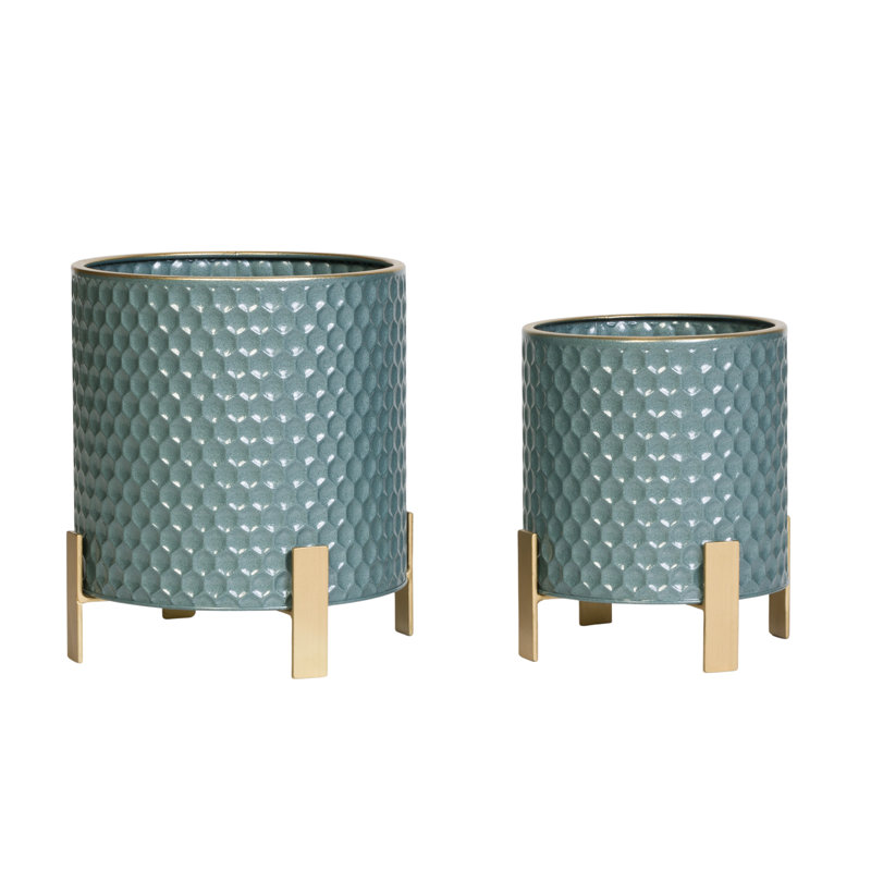 Rhys Blue-Green Mid Century Modern Metal Pot Planter Set