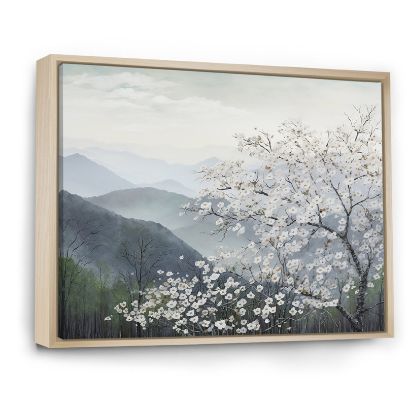 Fleurs de cornouiller japonais sur une toile imprimée, Cadre naturel flottant, H 34 po x l 44 po x P 1,5 po