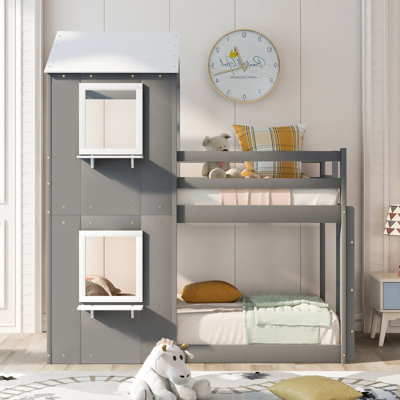 Lit simple au-dessus d'un lit superposé avec garde-corps - pendant qu'ils dorment en blanc pour un accès pratique, Gris