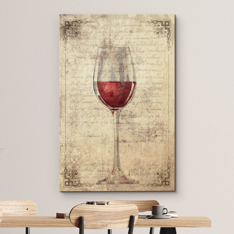 Un verre de vin rouge sur fond de lettre rétro, H 48 po x l 32 po x P 1,5 po
