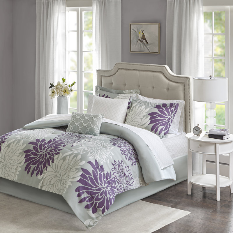 Ensemble d'édredon à motif floral avec draps en coton Maible, Édredon double + 1 jupe de lit + 2 taies décorat, Mauve