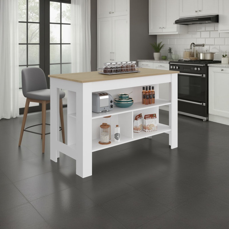 Îlot de cuisine avec table de préparation spacieuse, 3 tablettes de rangement ouvertes pour îlot de cuisine, 4 îlots de cuisine modernes et îlot de cuisine central