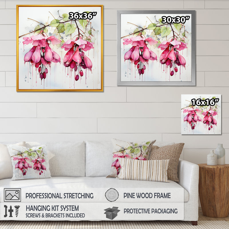 Rose rose fuchsia fleurs de gouttes d'oreille - Fuschia, H 16 po x l 16 po x P 1 po, Cadre doré simple