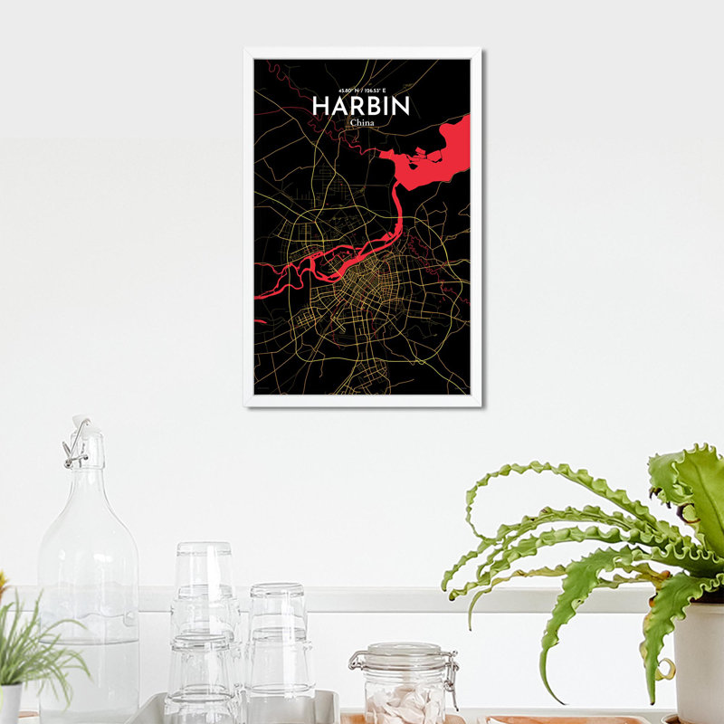 «Harbin City Map», impression, H 17 po x l 11 po, Noir / rouge / jaune